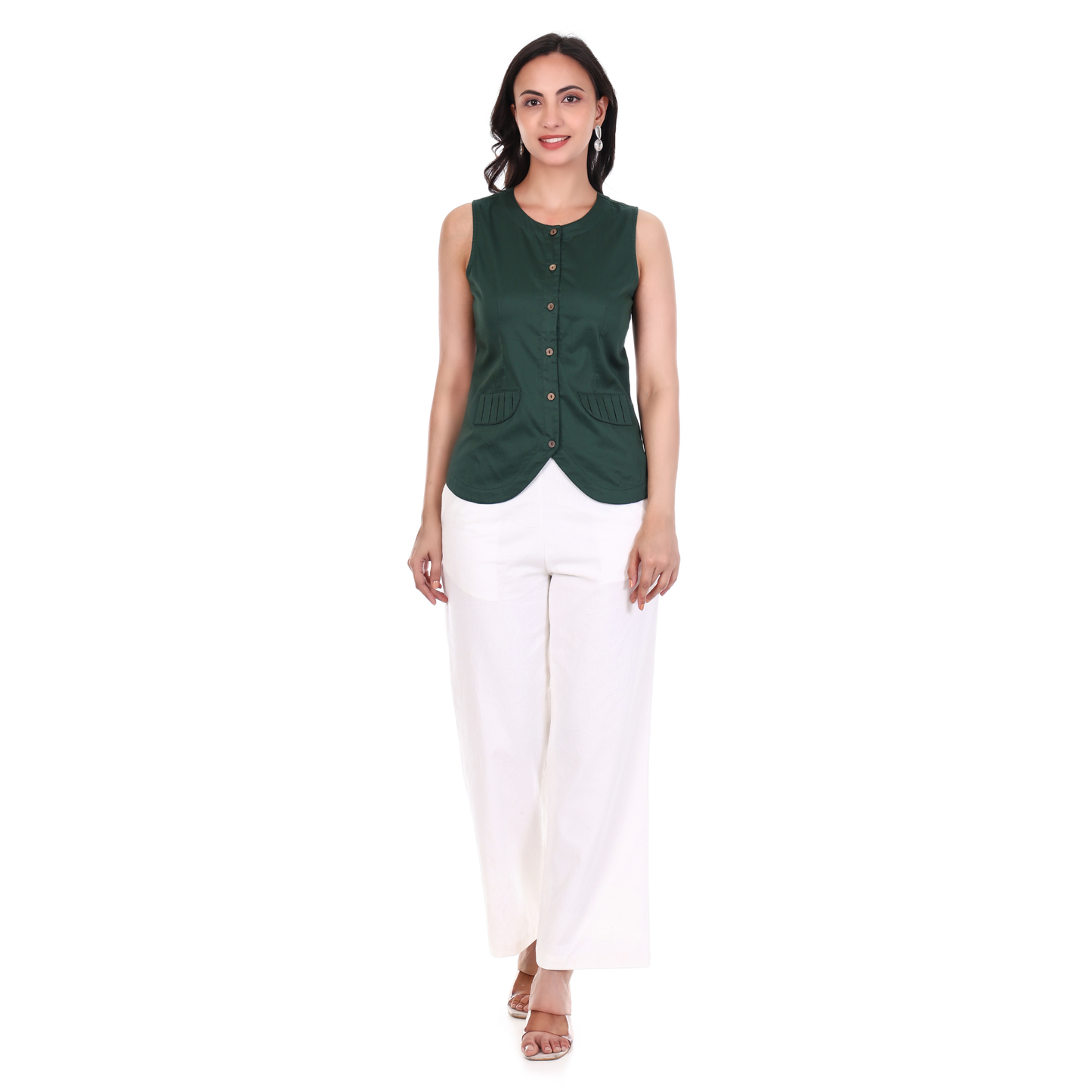 Pleated Pockets Sleeveless Green Top