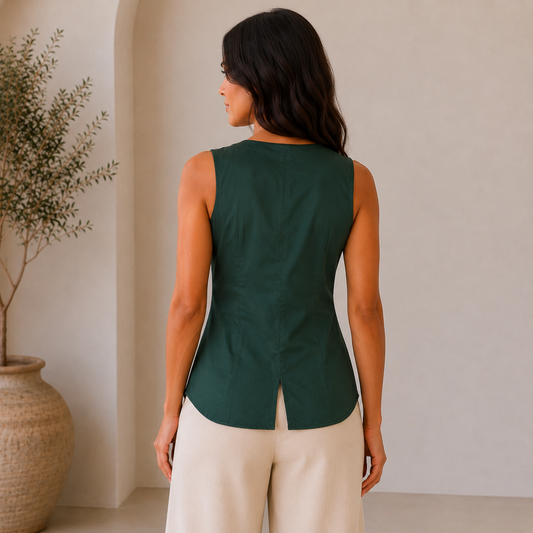 Pleated Pockets Sleeveless Green Top