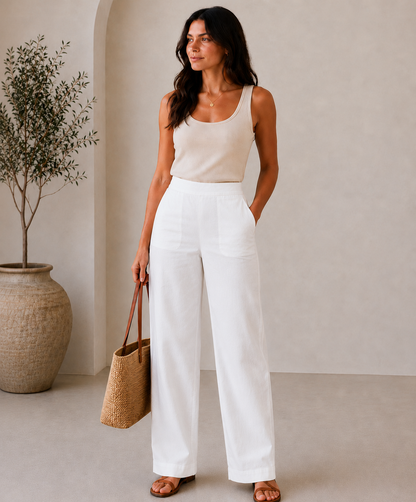Woman in beige tank top and white pants holding a straw bag indoors.