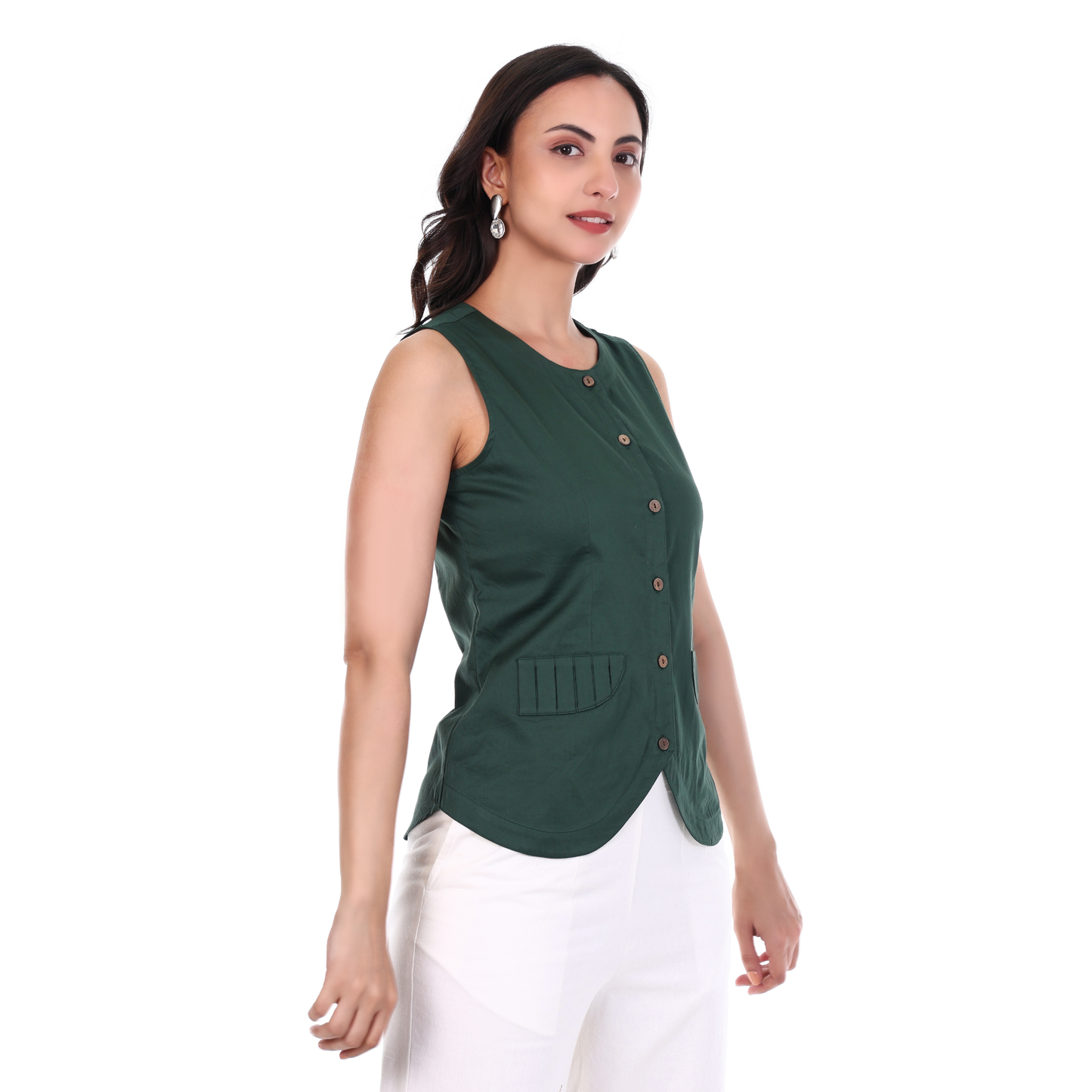 Pleated Pockets Sleeveless Green Top