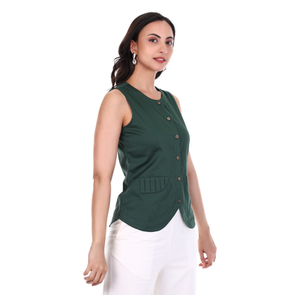 Pleated Pockets Sleeveless Green Top