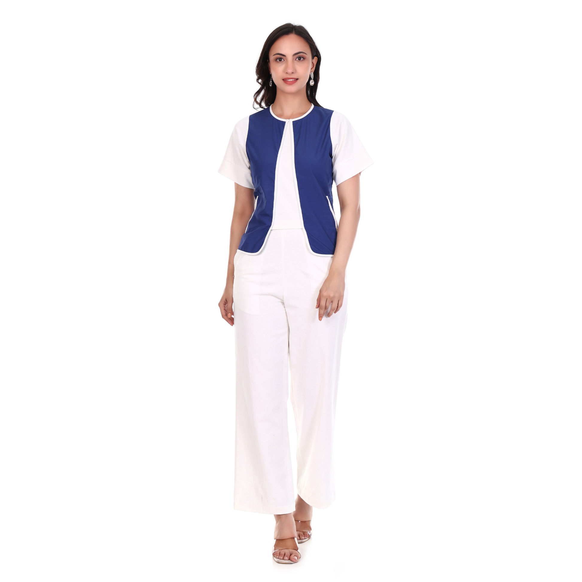 Woman wearing a blue and white layered top 