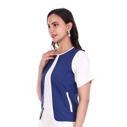 Woman wearing a blue and white top on a white background