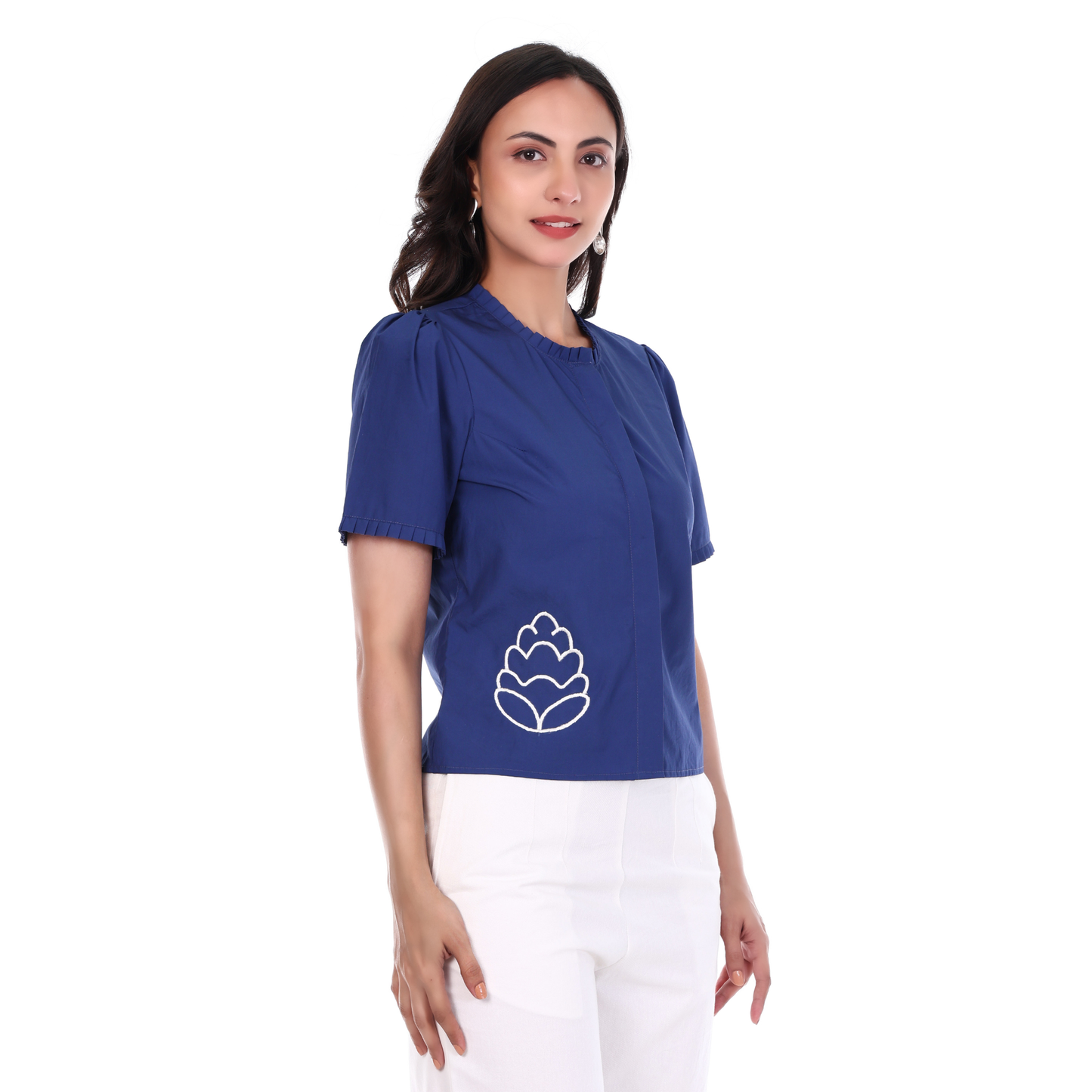 Navy Blue top with pleated neckline