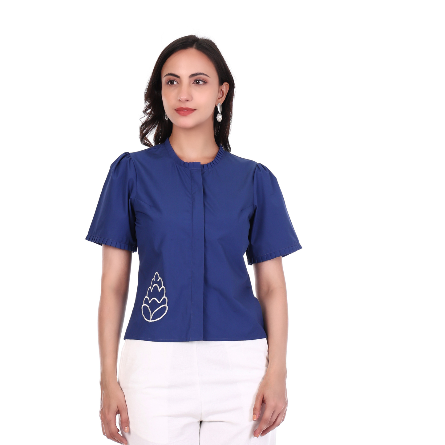 Navy Blue top with pleated neckline