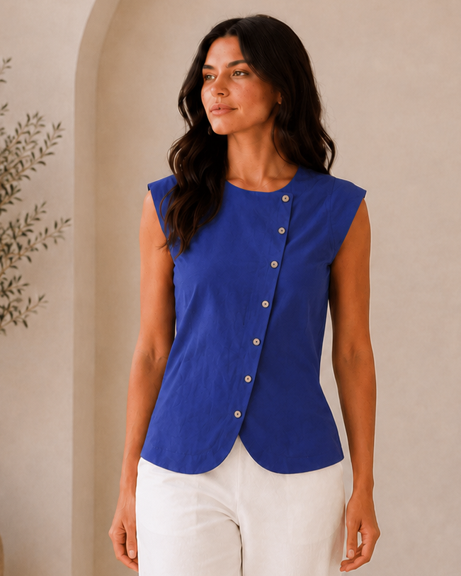 A woman modeling a sleeveless royal blue vest with decorative buttons down the front, paired with white wide-leg pants and brown sandals, in a warm, minimalist interior setting.
