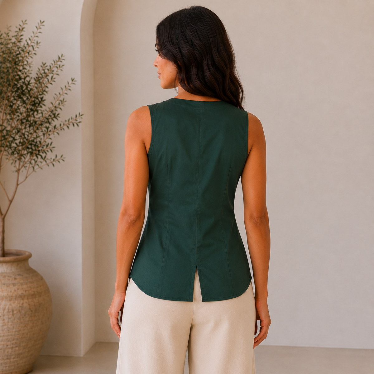 Pleated Pockets Sleeveless Top (Dark Green)