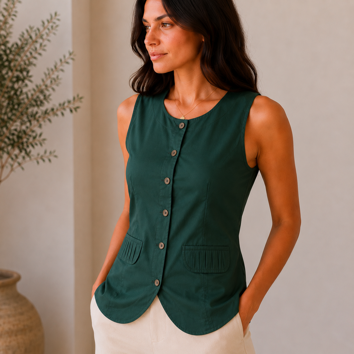 Pleated Pockets Sleeveless Top (Dark Green)