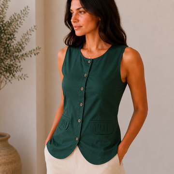 Pleated Pockets Sleeveless Top (Dark Green)