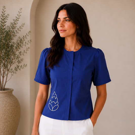 Navy Blue top with pleated neckline