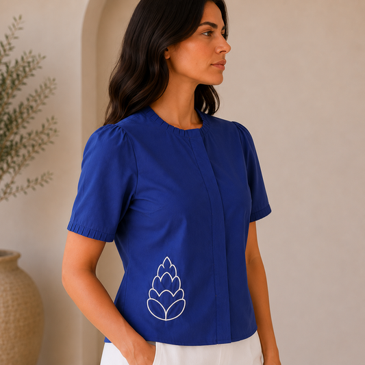 Navy Blue top with pleated neckline