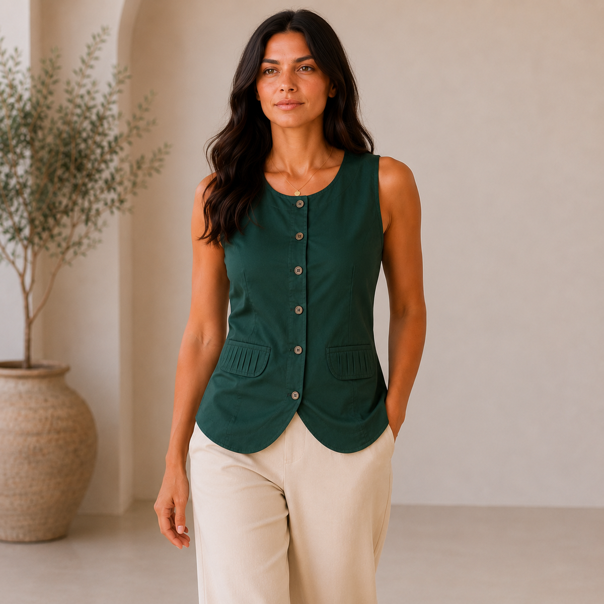Pleated Pockets Sleeveless Top (Dark Green)