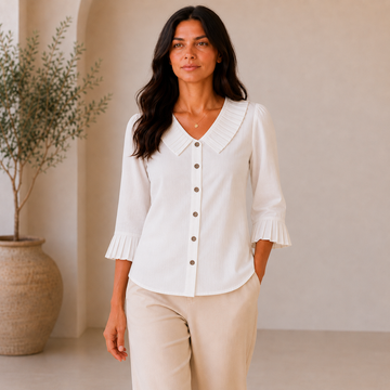 Quarter Sleeves White Top with Pleated Collars and Cuffs