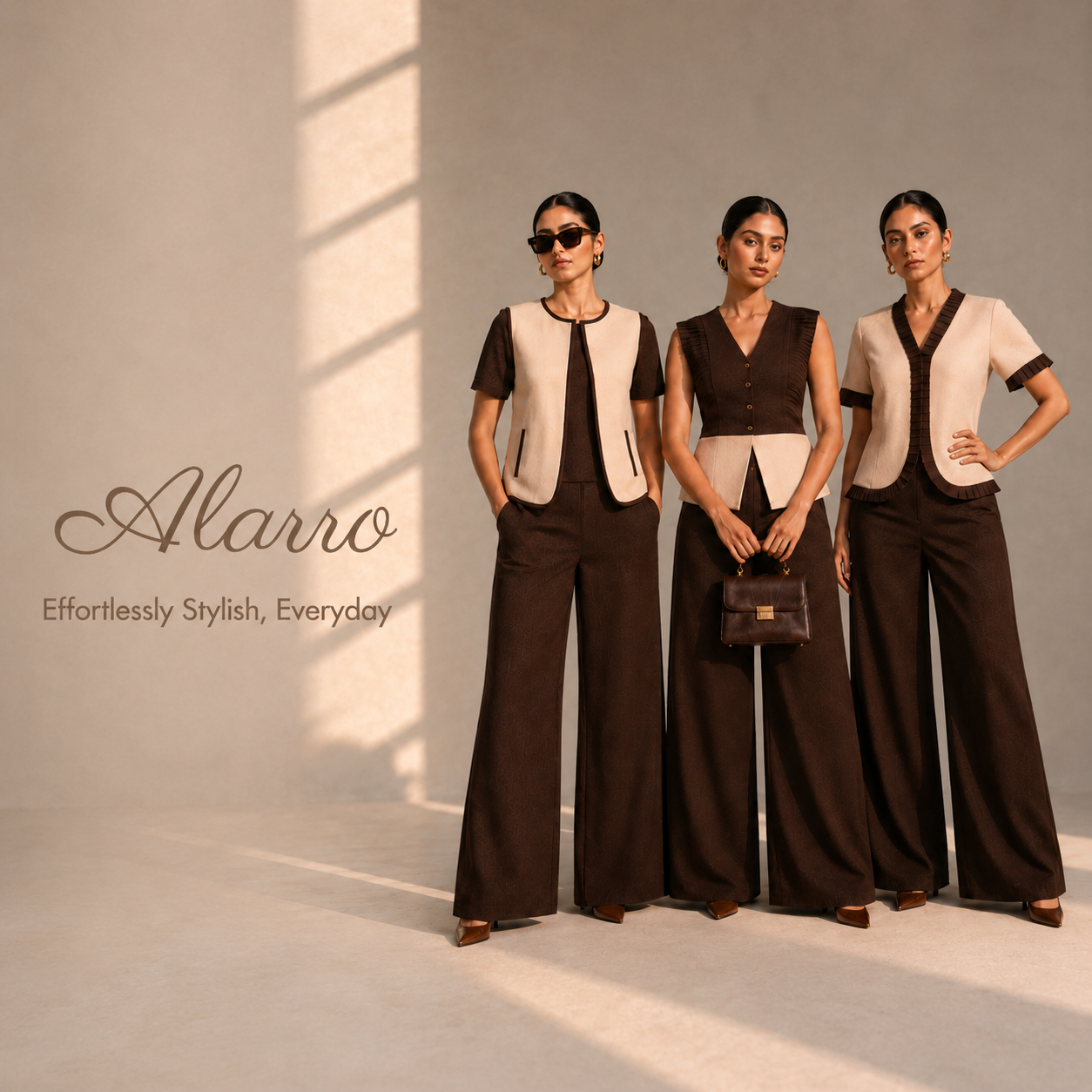 Three women wearing matching outfits with 'Alarro' branding on a neutral background