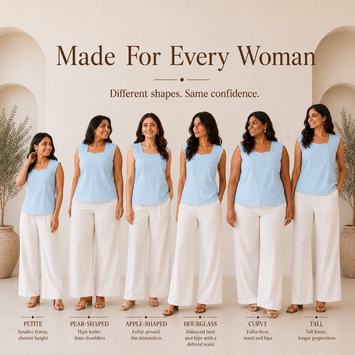 Woman wearing a light blue top and white pants with text 'Made For Every Woman' on a neutral background.