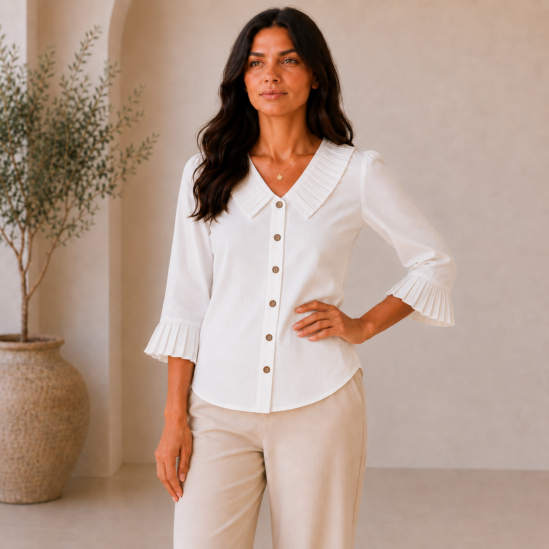 Woman wearing a white blouse with ruffled sleeves in a minimalistic setting.