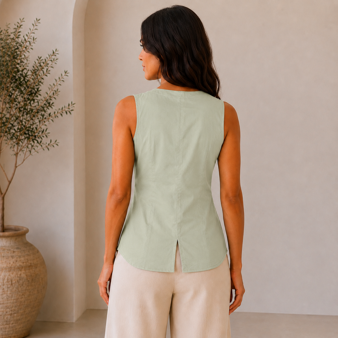 Pleated Pockets Sleeveless Top (Light Green)