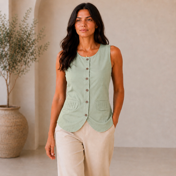 Pleated Pockets Sleeveless Top (Light Green)