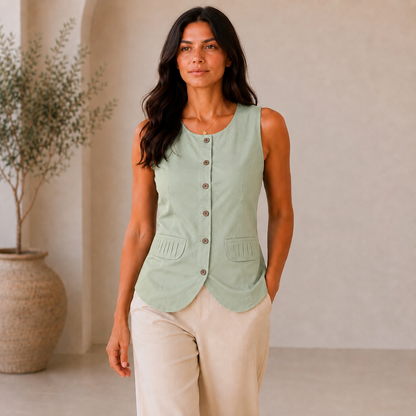 Pleated Pockets Sleeveless Top (Light Green)