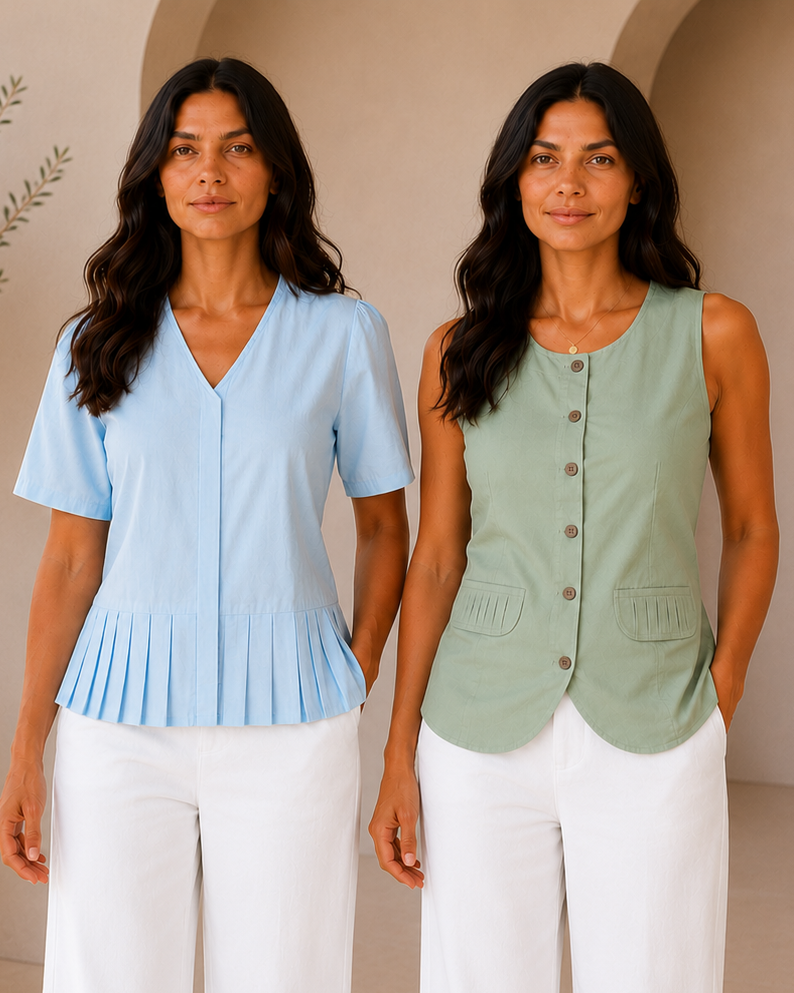 Two women modeling sleeveless tops in a bright, minimalist interior. The woman on the left wears a light blue short-sleeve pleated top with white pants, and the woman on the right wears a sage green sleeveless button-front top with white pants.